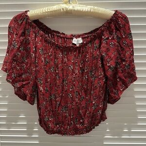 Luck & Trouble Burgundy Floral Off Shoulder Smocked Flutter Sleeve Top (AUS)